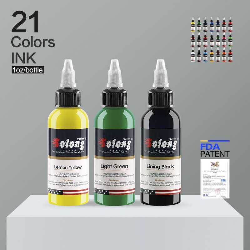 Solong 21-Color Tattoo Ink Set – 1oz Bottles, FDA Approved & Patent Protected