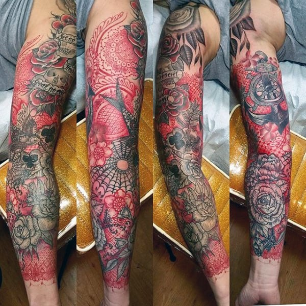 Red tattoo ink outlined with black tattoo ink