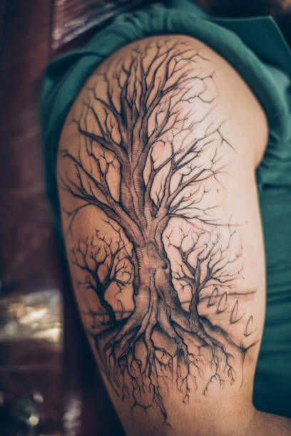 Detailed black-ink tree-of-life tattoo covering upper arm and shoulder.
