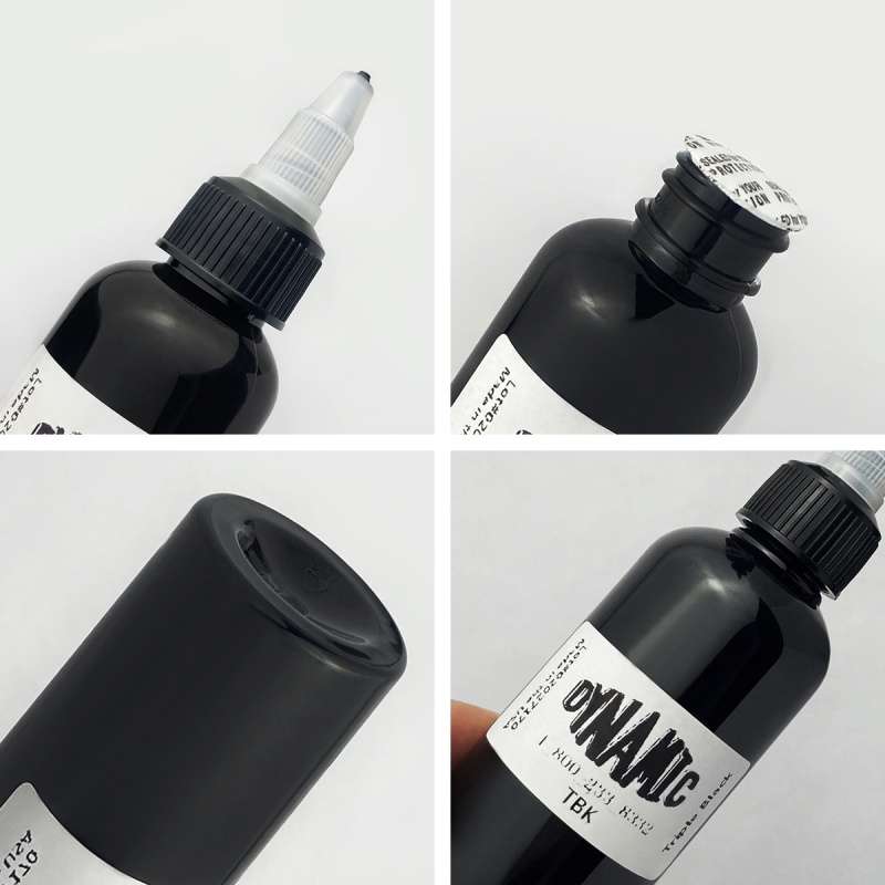 Detailed views of a Dynamic Triple Black tattoo ink bottle, sealed for quality.