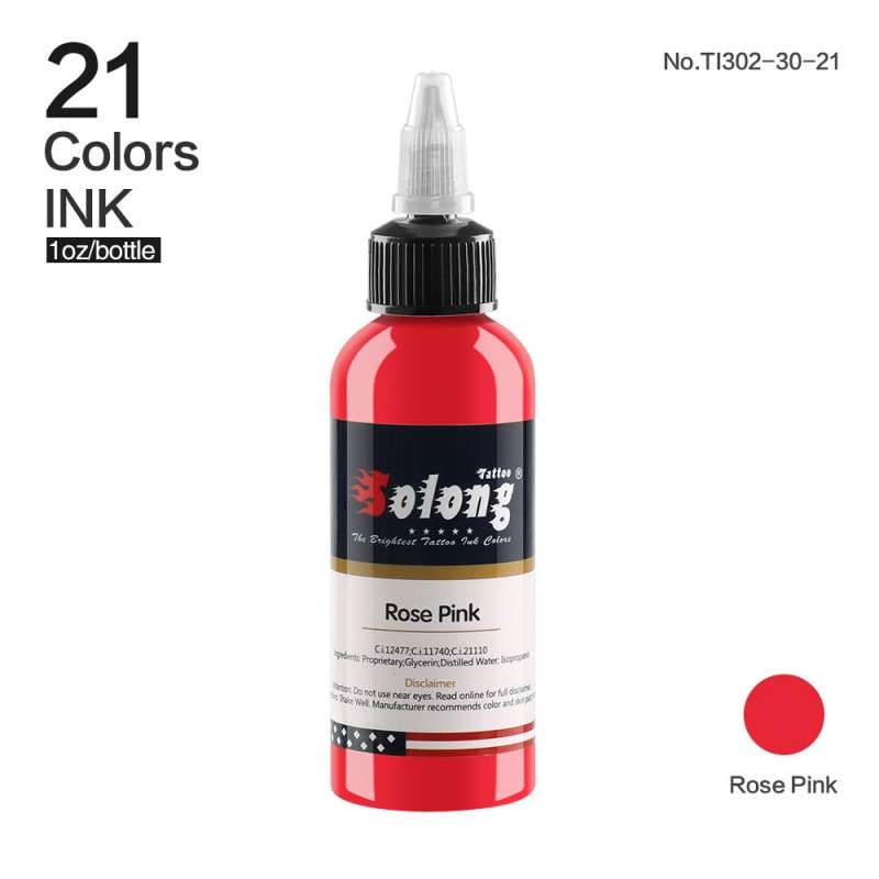 Vibrant red Solong Rose Pink tattoo ink bottle, professional quality for artists.