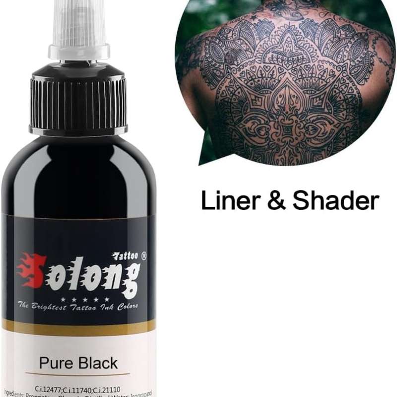 Bottle of Solong pure black tattoo ink with ornate back tattoo.